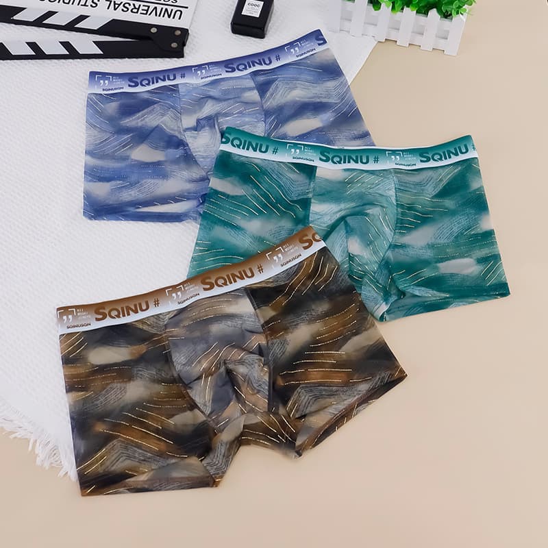 SQINUSQN Men's Boxer Briefs Ice Silk Mesh Breathable Fashion Trendy Four-Corner Underwear Wholesale