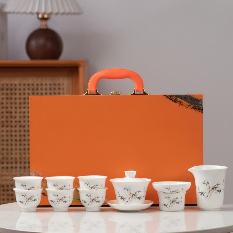 Fuzhu Dehua White Porcelain Mutton Fat Jade Tea Set, Kung Fu Tea Set, Ceramic New Chinese Style Gift Box with Custom Logo