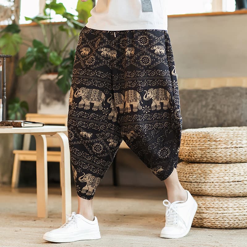 2025 Summer Chinese Style Cotton Linen Capri Pants for Men, Ethnic Floral Print Harem Pants, Dropped Crotch, Plus Size Beach Pants