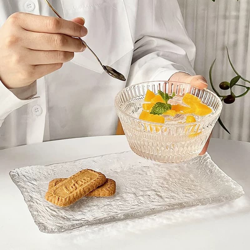 Vertical pattern glass dessert bowl, breakfast oatmeal bowl, simple ice cream bowl, fruit bowl, internet celebrity yogurt salad bowl
