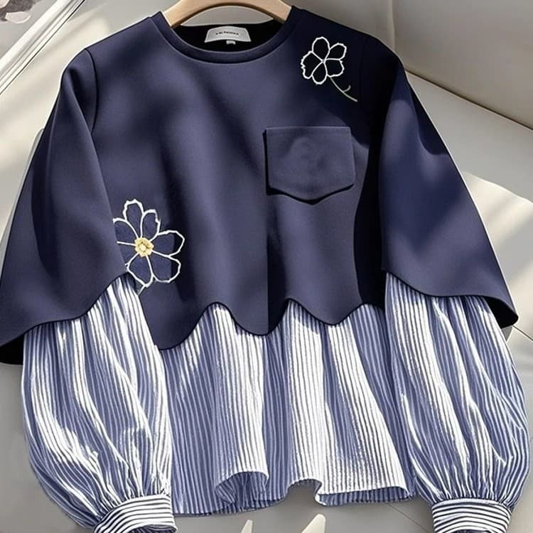2025 Fall New Trendy American Loose Relaxed Chic Top Navy Blue Faux Two-Layer Round Neck Sweatshirt for Women