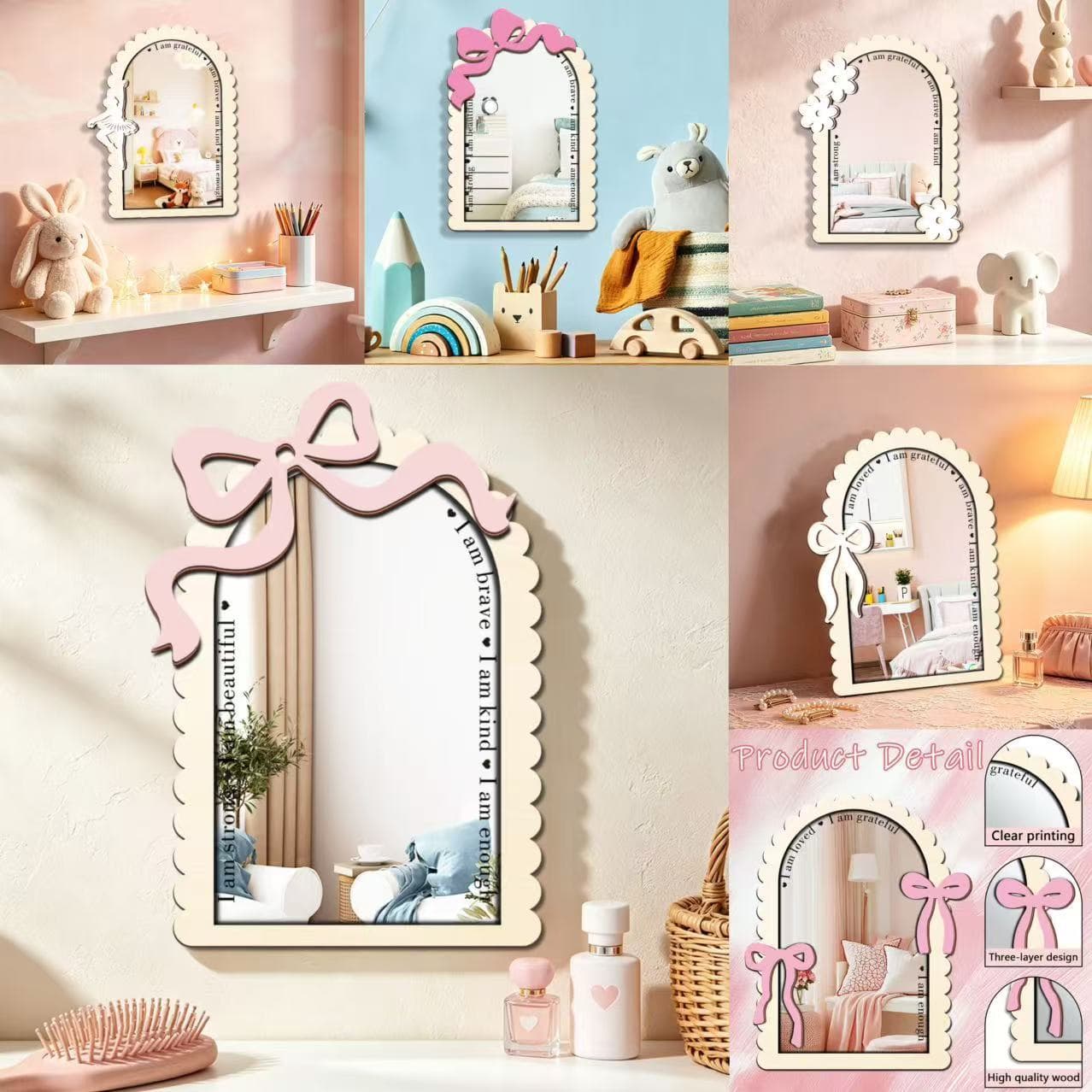 MZJM020-026 Cross-border Creative Bowknot Wooden Mirror Home Wall Decoration Acrylic Mirror Wall Sticker