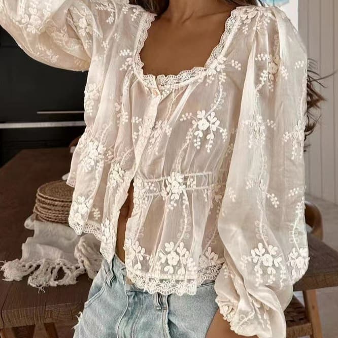 European and American 2024 autumn and winter new sexy women's U-neck loose embroidered long-sleeved shirt LX0065