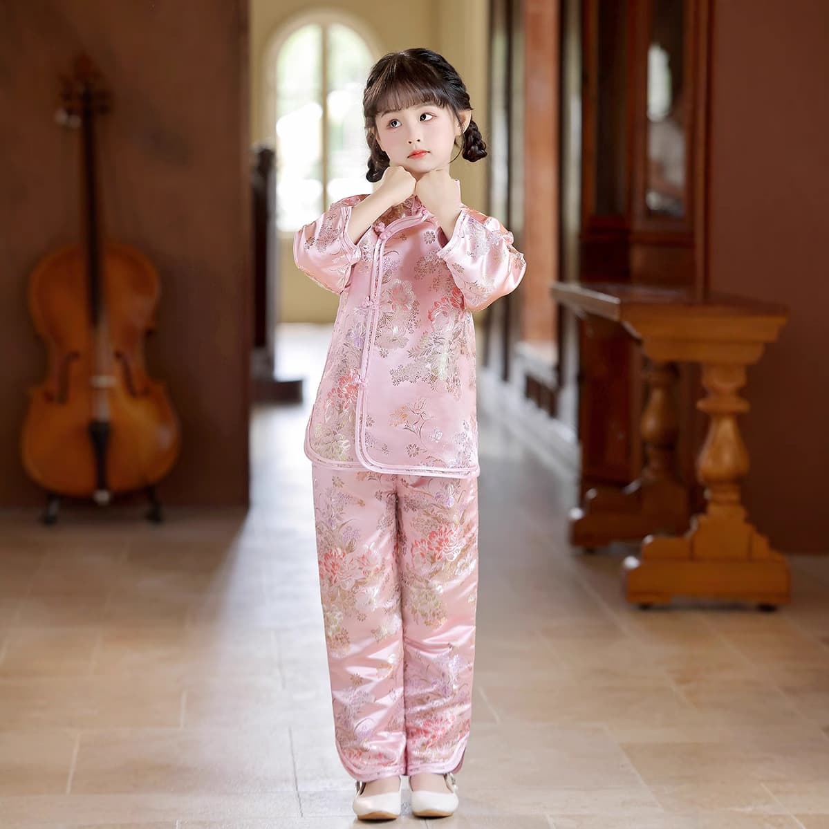 2025 New Summer/Autumn Children's Tang Suit Retro Set Pink Chinese Style Little Girls' Top and Pants Wholesale