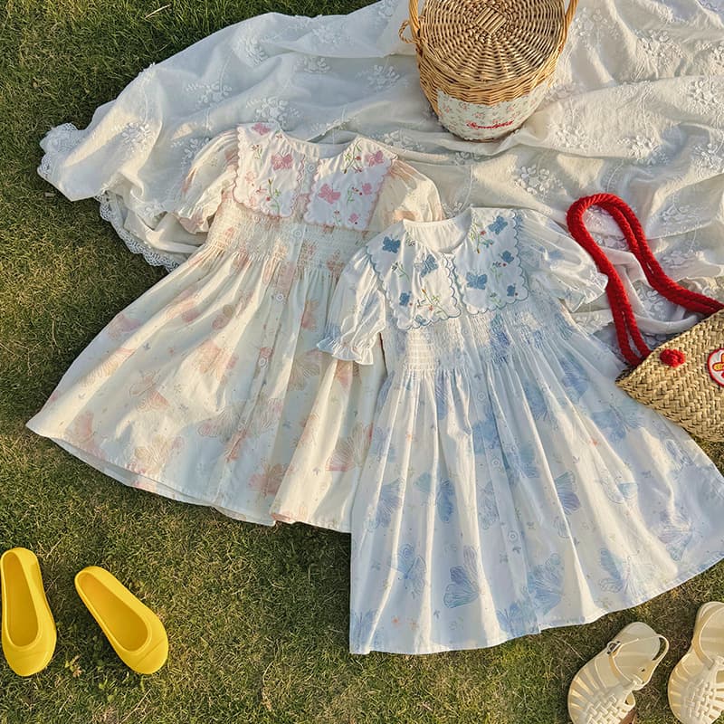 Butterfly Embroidered Lapel Short-Sleeved Girls' Dress 2026 Summer Style Printed Cotton Kids' Dress Sweet Baby Dress