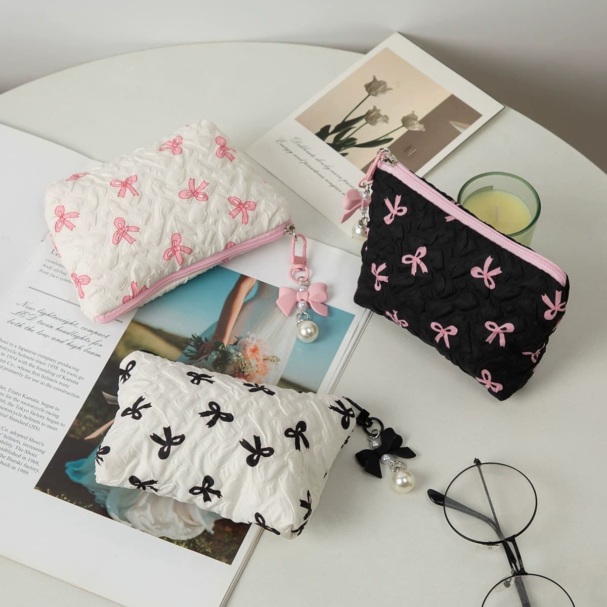 Factory Cross-Border Ins Style Quilted Bow Pendant Coin Purse Lipstick Storage Handbag Cute Makeup Bag