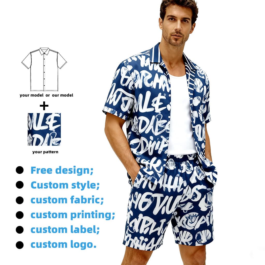 European and American Men's Summer Casual Long Sleeve Sports Set, Custom Trendy Loose Print Breathable Cardigan Short Sleeve