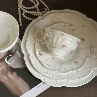 French Vintage Lace Pink Rose Embossed Ceramic Plate Vintage Afternoon Tea Dessert Plate Western Dinner Home Plate