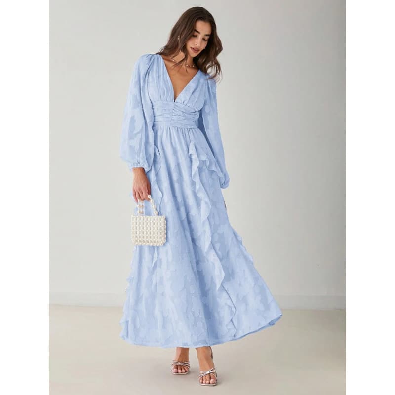 Cross-border Amazon Europe and America 2026 new summer style elegant pure desire V-neck lantern sleeve ruffled temperament dress