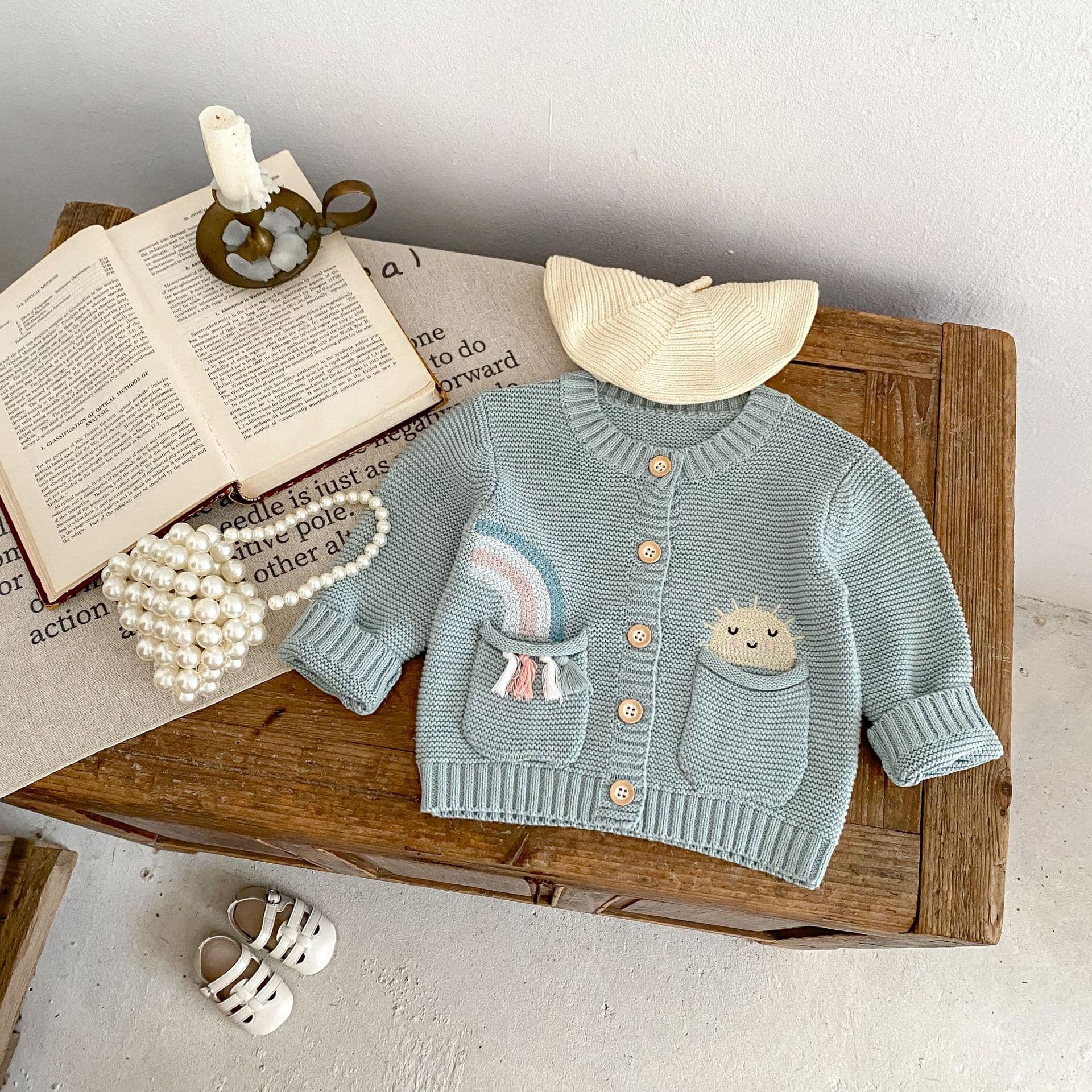 2026 Autumn Baby & Toddler Rainbow Embroidery Pattern Round Neck Cardigan Cotton Yarn Knit Cute Double Pocket Style
