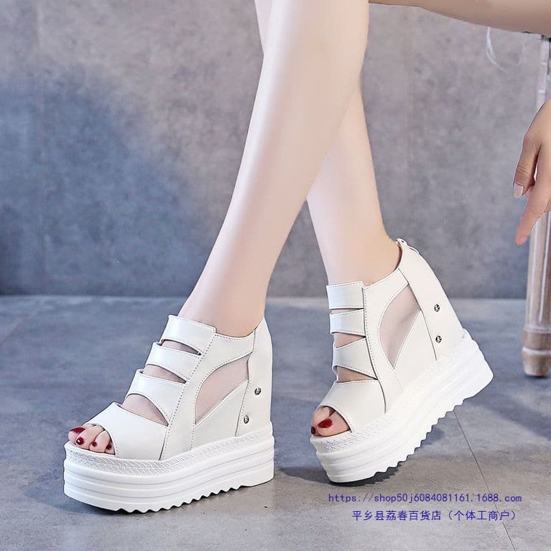 2023 Summer New Women's Hollow Thick-Soled Mesh Short Boots with Hidden Height Increase, Platform Wedge, Peep-Toe Sandals