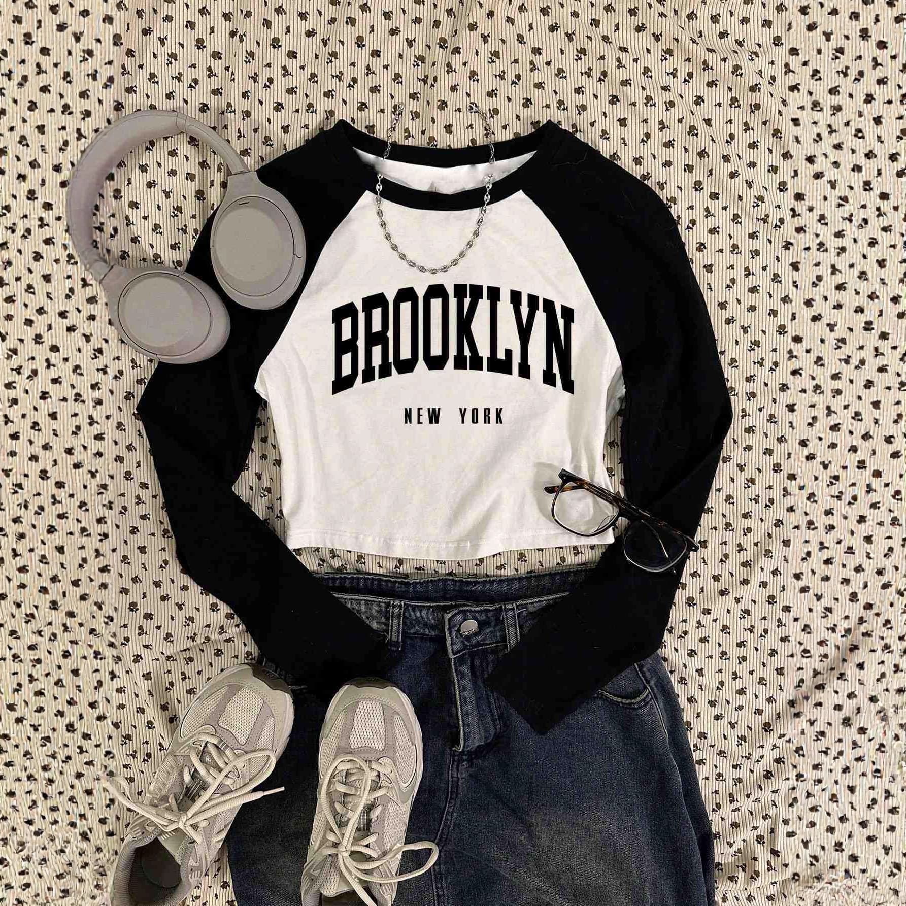 European and American Cross-border BM Style Raglan Sleeve Letter Print American Retro Hot Girl New Fitted Base Top