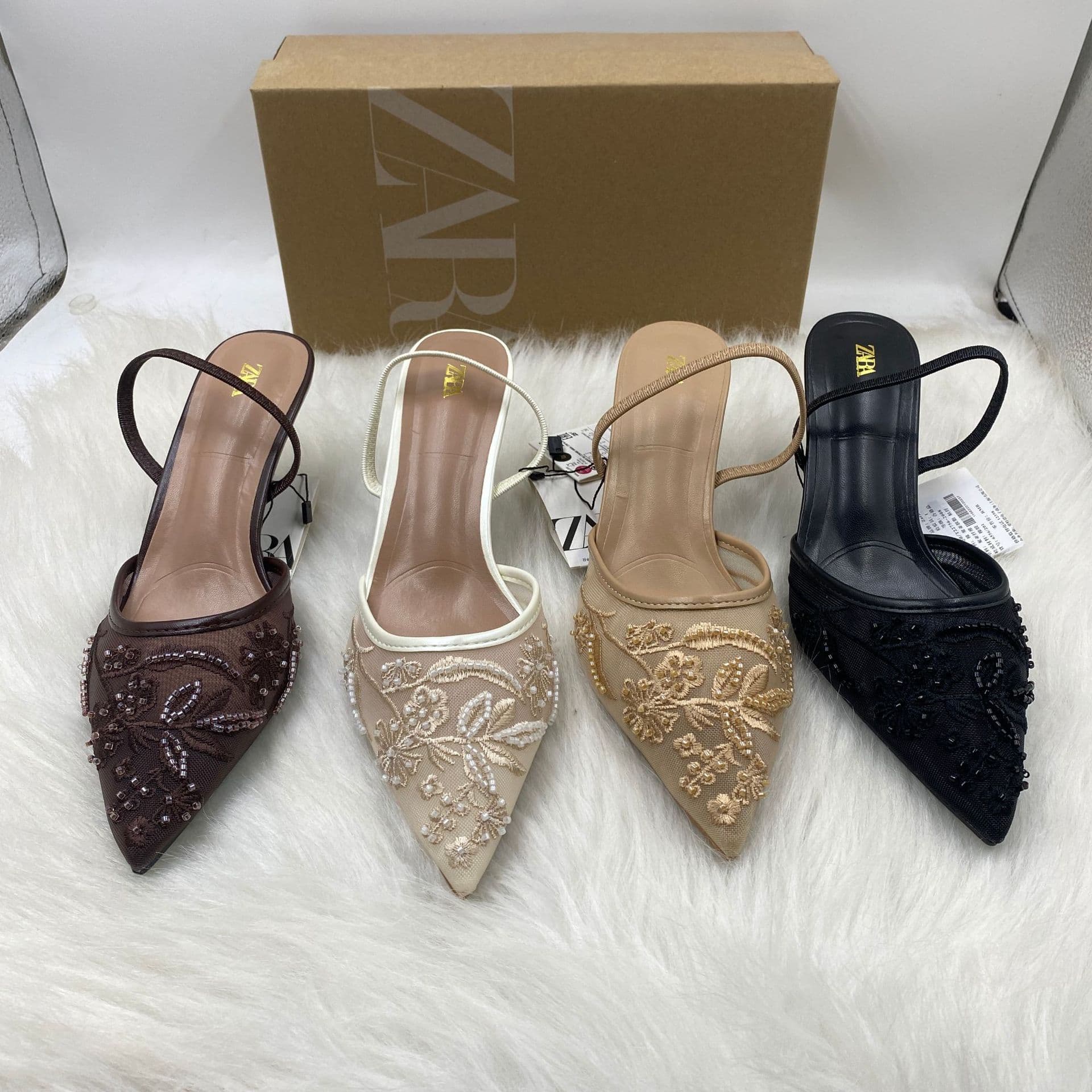 ZAR Spring New Arrival Women's Shoes - Apricot Black Embroidered Mesh Shallow Mouth Back Strap Thin High Heel Open Back Mules