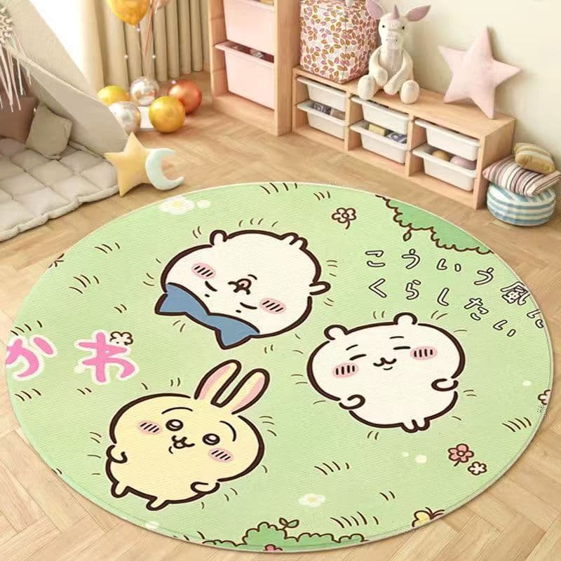 Adorable Chiikawa Round Faux Wool Carpet for Bedroom, Thickened, Skin-Friendly, Non-Slip Floor Mat, Easy to Clean Foot Mat