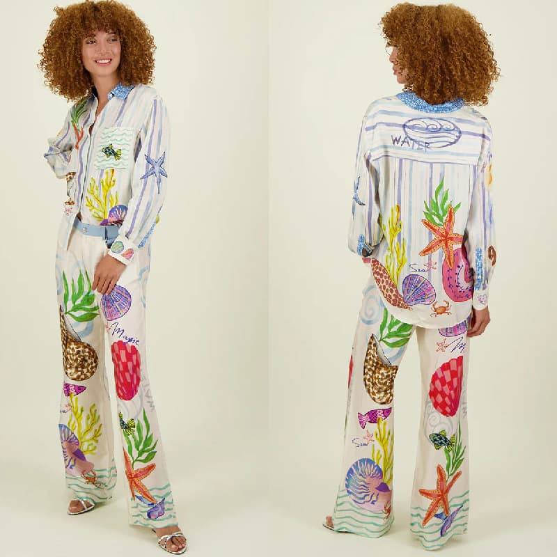 2024 New European and American Satin Printed Personality Graffiti Casual Shirt and Pants Two-Piece Set, Cross-border E-commerce Independent Station