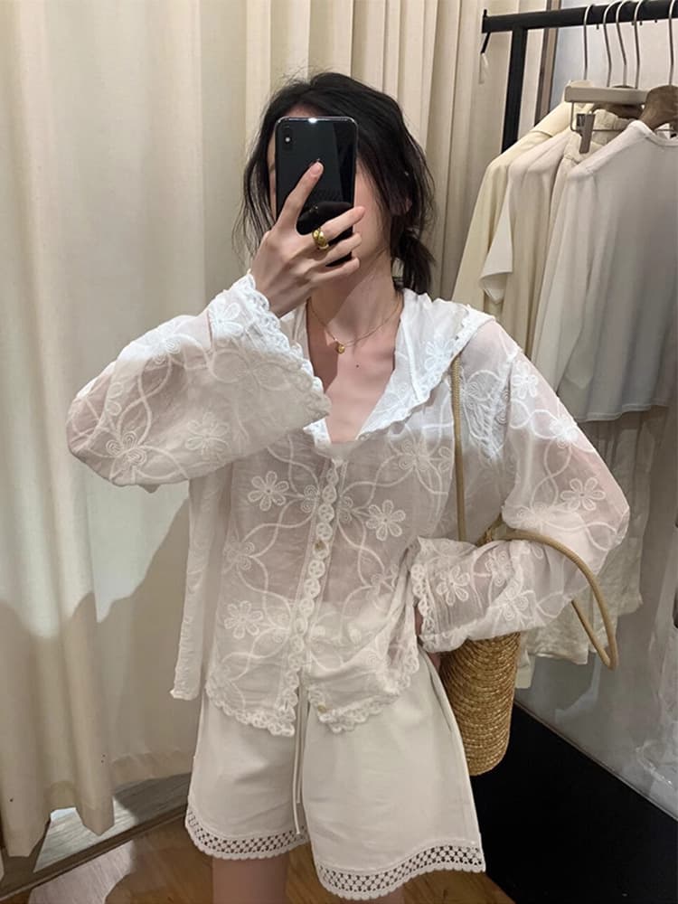 Korean style hooded lace thin sun protection outerwear for women, summer high-end loose niche versatile cardigan long sleeve top