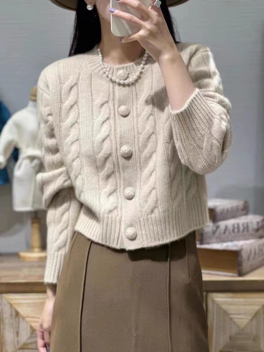 New Wool Sweater Cable Knit Autumn/Winter Cardigan Thickened Round Neck Short Loose Top Coat
