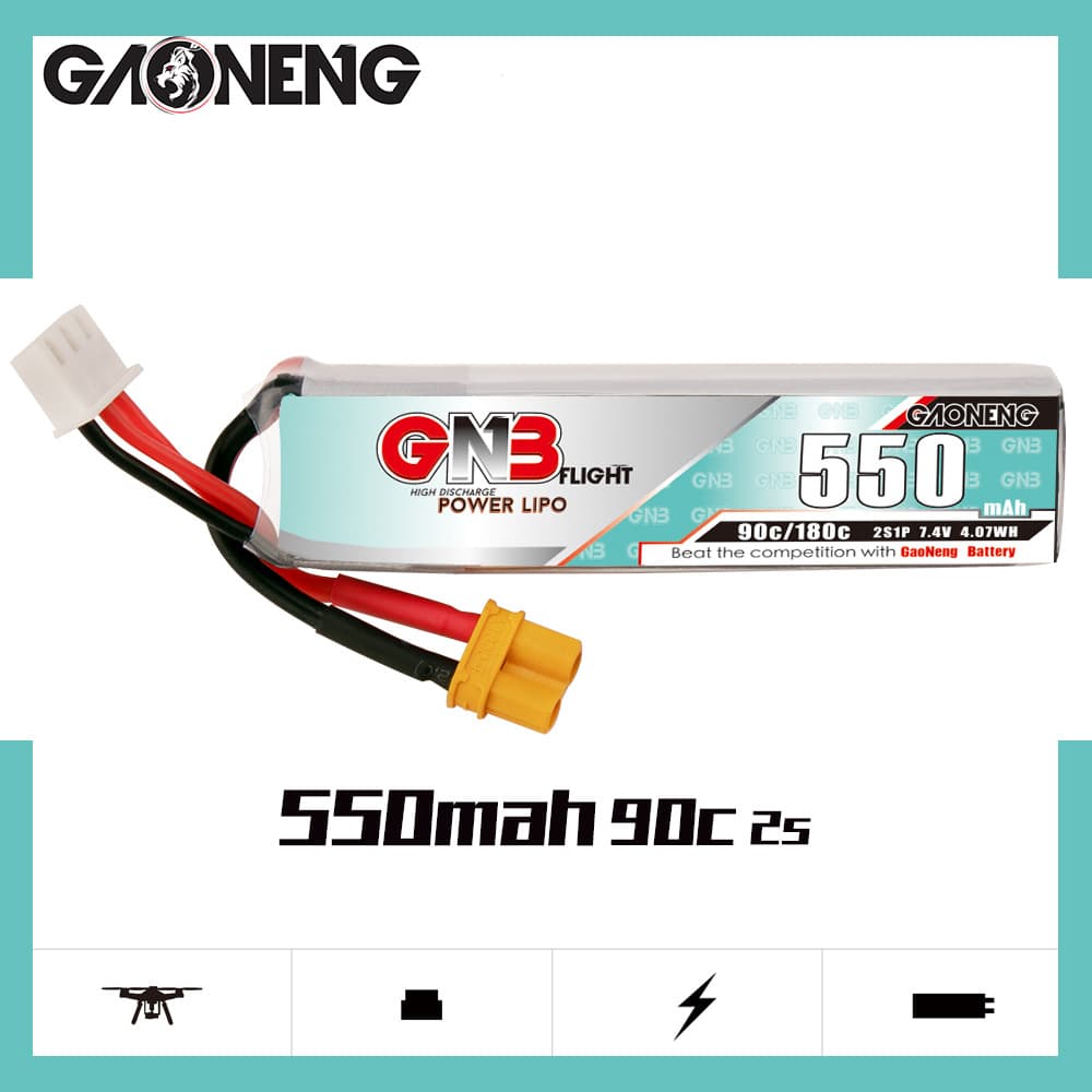 GNB High Energy 550mAh 2S 7.4V 90C Mini FPV Drone RC Model Lithium Polymer Battery LiPo