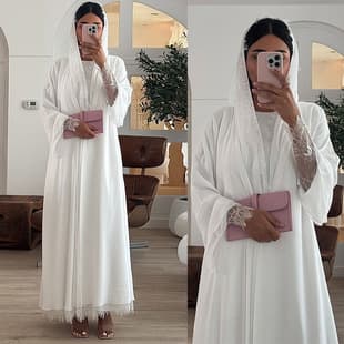 LN221 Embroidered Floral Cardigan Robe Chiffon Lace Trim Long Outer Robe with Headscarf