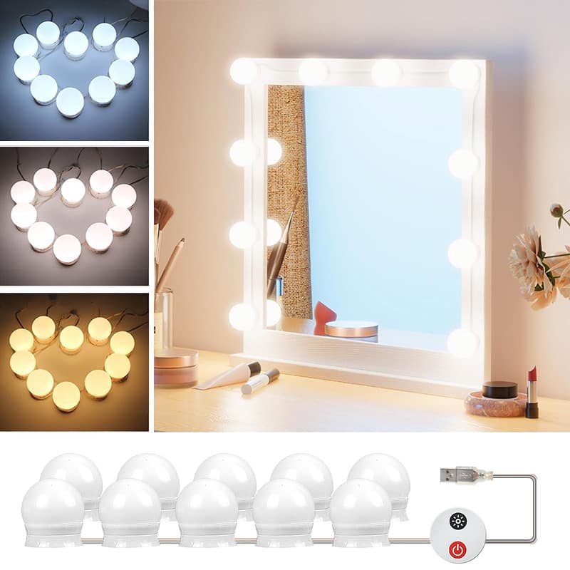 Cross-border New Bathroom Vanity Hollywood Style Bulb with Touch Three-color Stepless Dimming LED Mirror Light