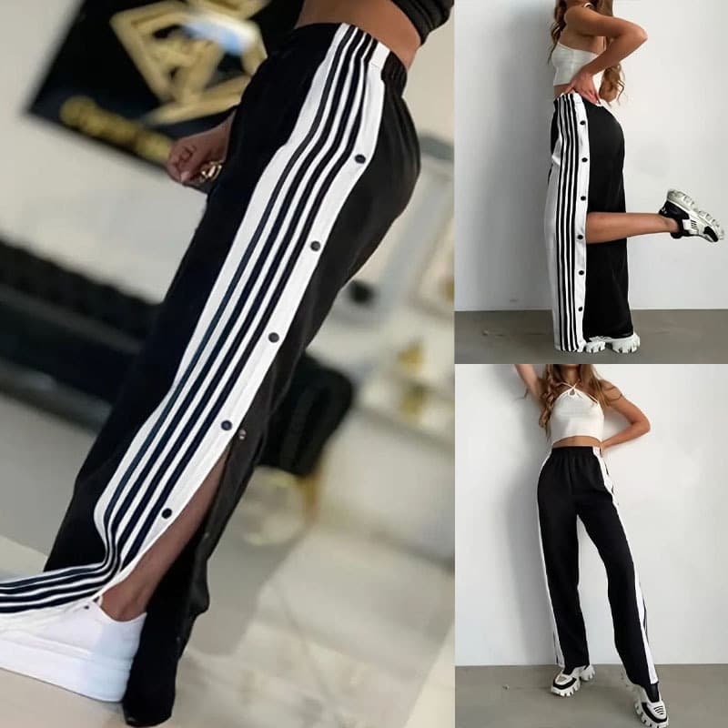 Tume Amazon European and American Cross-Border Casual Straight-Leg Pants Women's Fashion Trendy Striped Side-Button Wide-Leg Long Pants