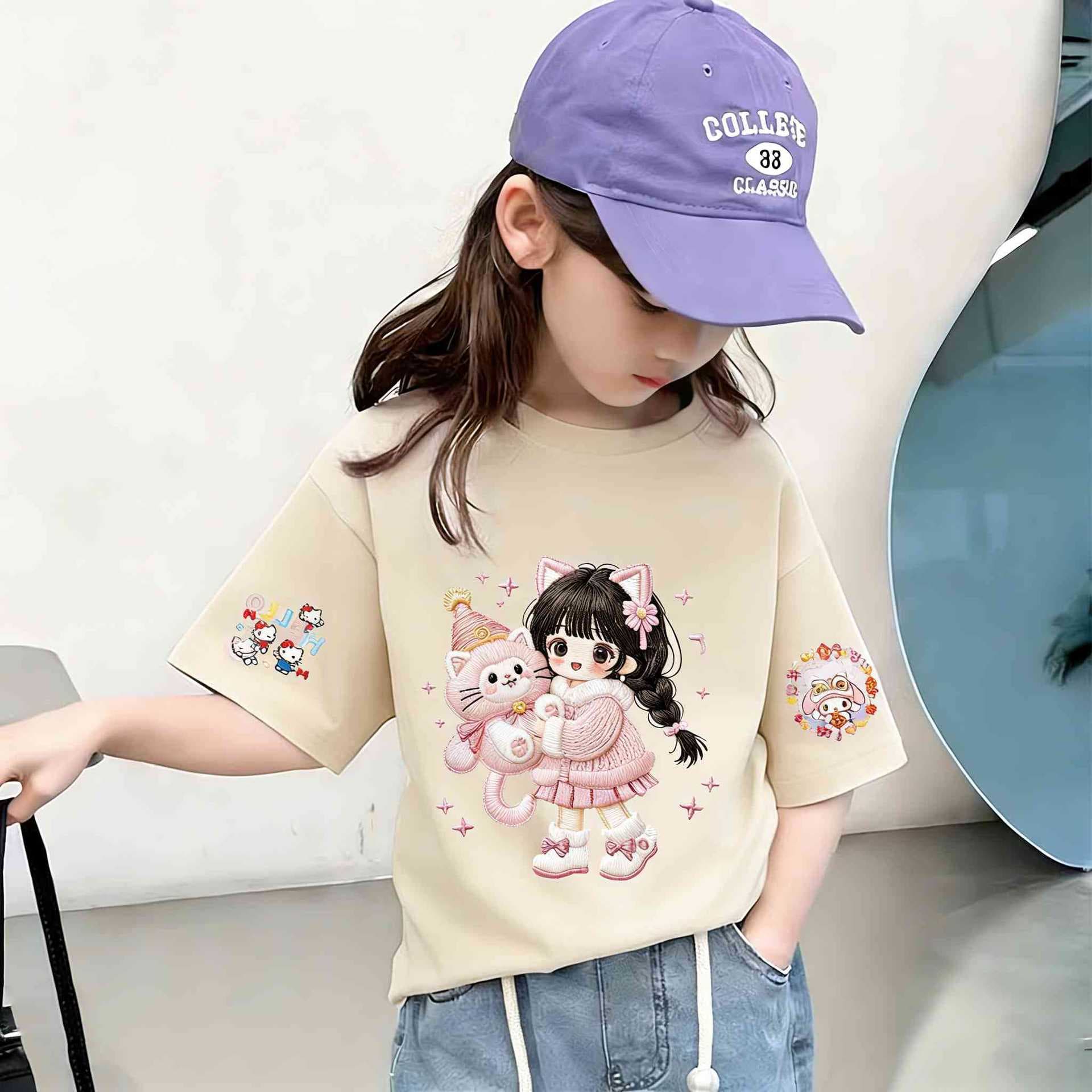 Qiaonika 100% Cotton Girls Short Sleeve T-Shirt Student Korean Style Kids Top Casual Baby Cute Half Sleeve Tee