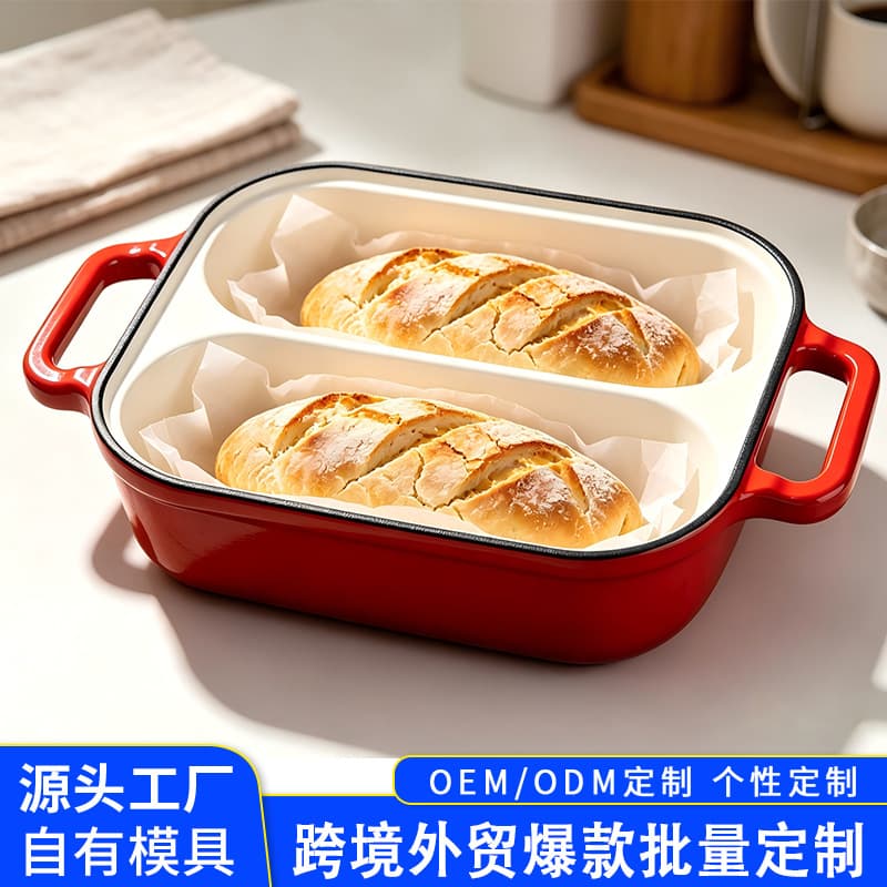 Foreign trade new popular cast iron enamel double-hole bread pan household cooking baking pot enamel pot baking pan universal