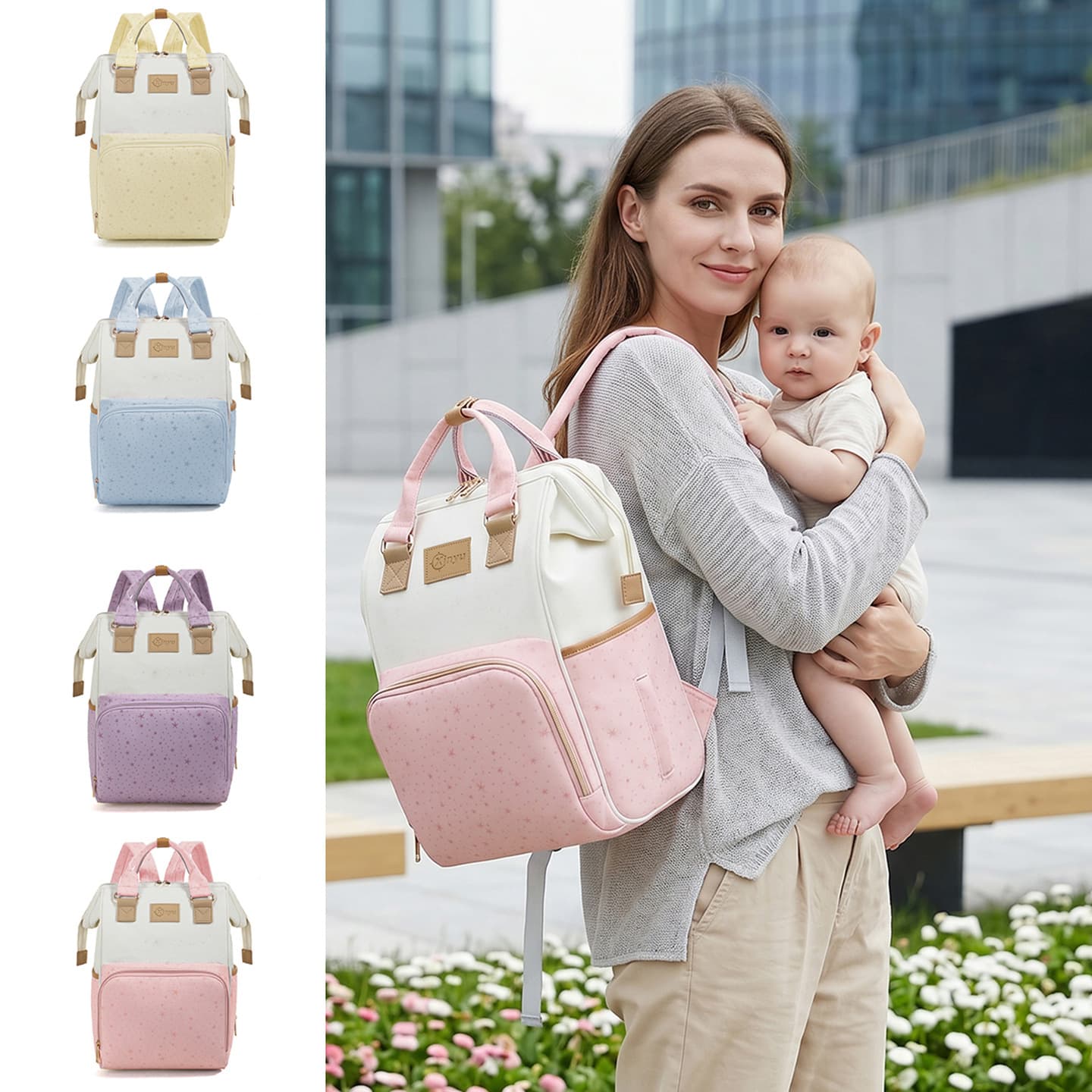 Fashionable multifunctional mommy bag, backpack, color matching mother and baby outing bag, large capacity insulated maternity bag, stroller hanging bag