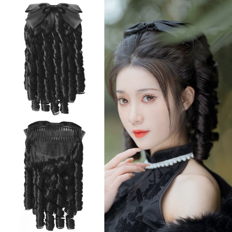 Wig Horsetail Vintage Republic of China Style Hair Comb Bow Wig Court Curly Hair Faux Princess Roman Curly Wig Women