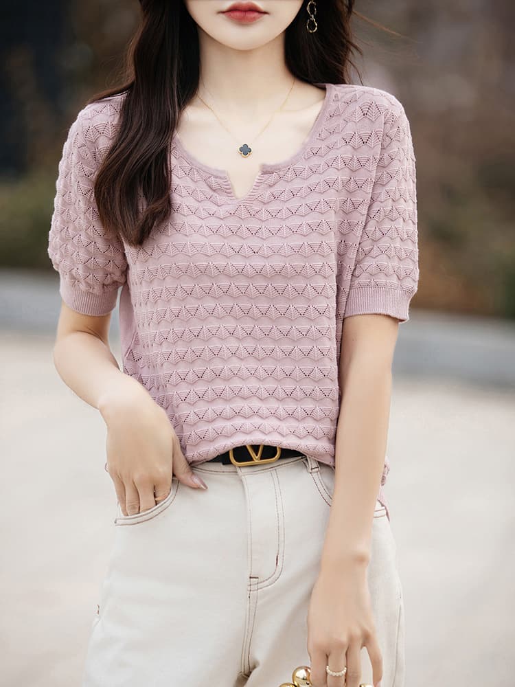 2026 Cotton Knit Short Sleeve Women's Spring Summer New Style Elegant Half Sleeve Hollow Loose Solid Color T-Shirt Top
