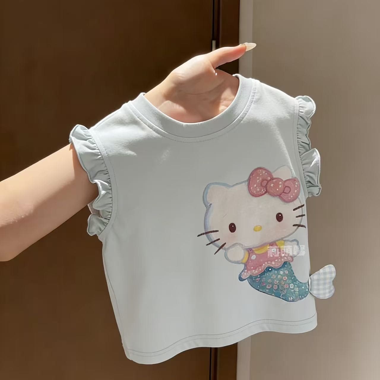 Pure Cotton Girls Summer KT Mermaid Sleeveless T-Shirt New Children's Stylish 3D Cartoon Baby Sweet Top