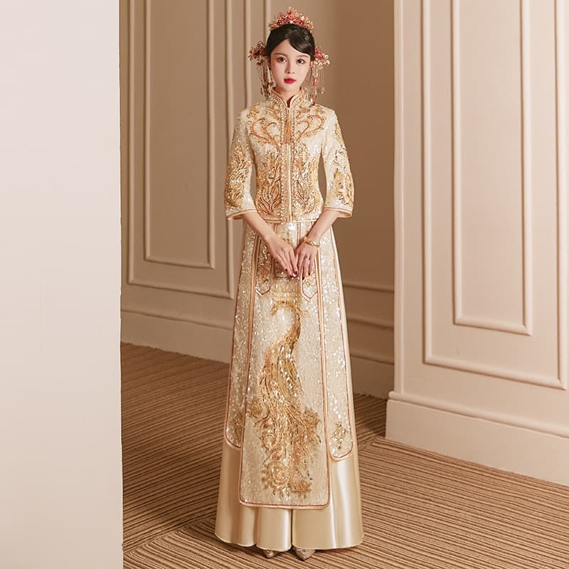 Champagne-colored Xiuhe dress, 2024 new summer wedding retro Chinese plus size bride wedding dress, heavy-duty dragon and phoenix gown.