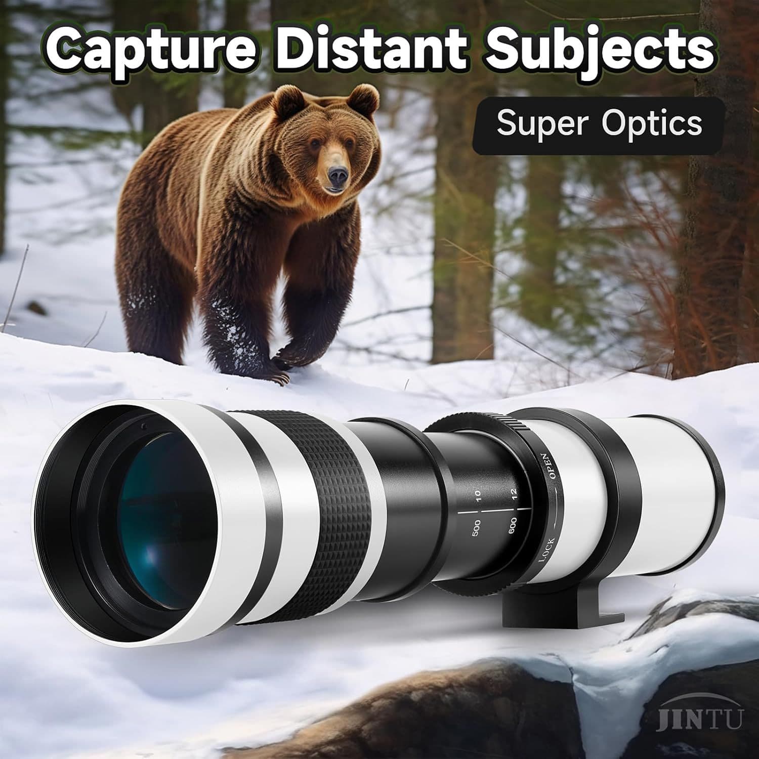 White 420-800mm Zoom Super Telephoto Manual Lens for Outdoor Use, Compatible with Canon Nikon Sony DSLR and Mirrorless Cameras