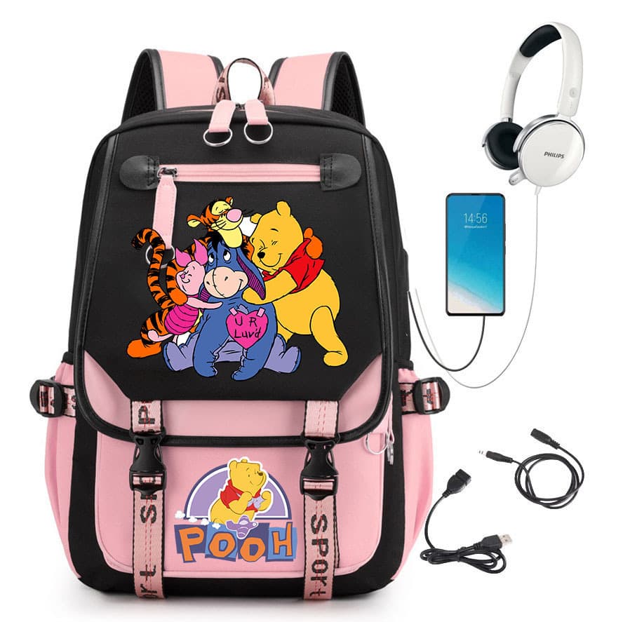 2026 New Cross-Border Anime Bear/Pooh School Bag Backpack USB Charging Backpack Large Capacity Student School Bag