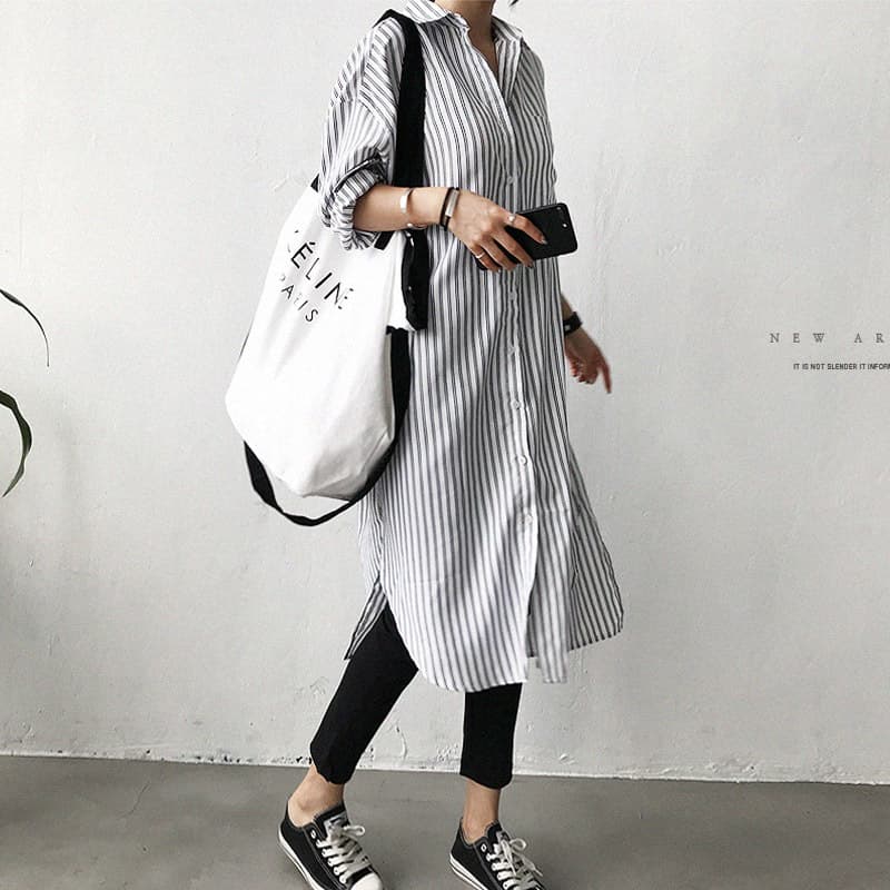 2022 Early Autumn Lazy Cool Style Mid-Long Striped Shirt Dress Loose Plus Size Women's Korean Version Striped Long Shirt