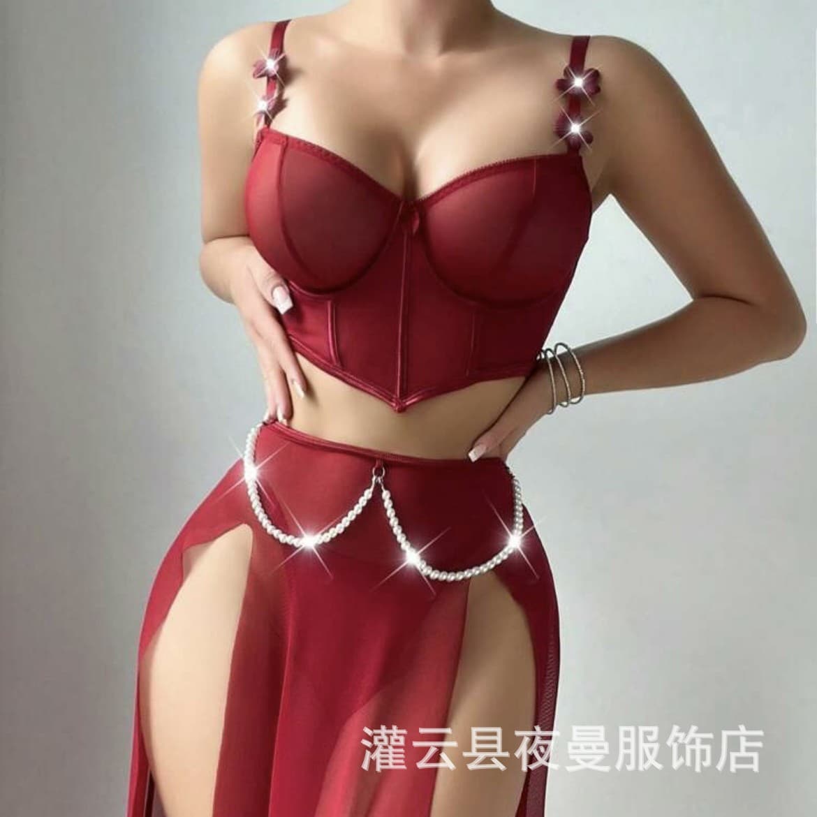 European and American Plus Size Lingerie Sexy See-Through Pearl Chain Long Mesh High Slit Nightgown for Women