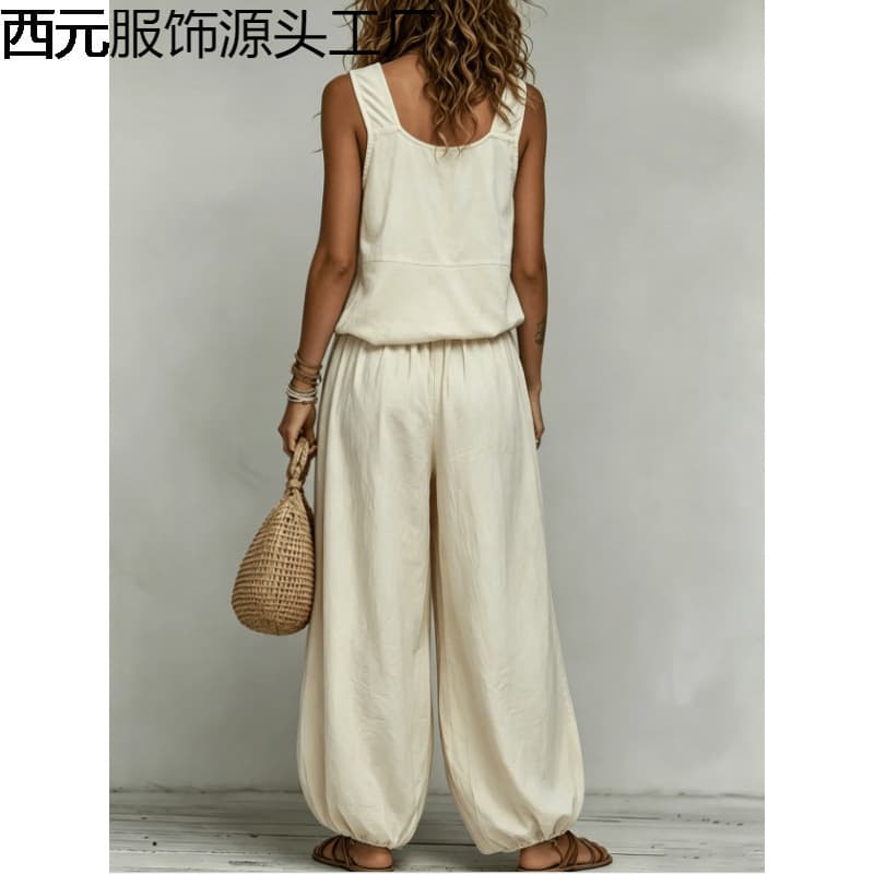 In Stock 2026 Fashion Bohemian Sleeveless V-Neck Vest + Lantern Wide-Leg Pants for Export to Europe and America