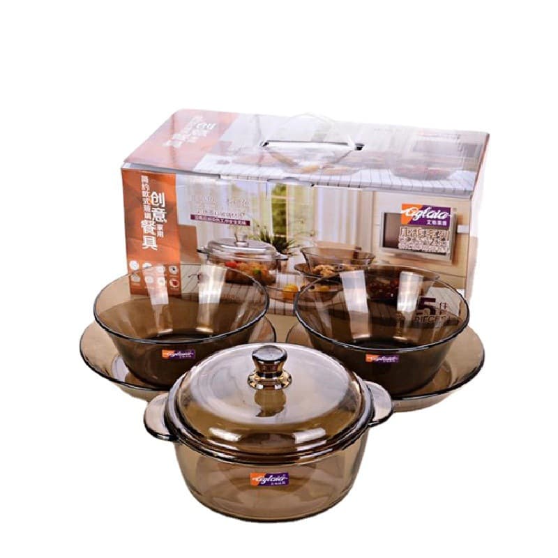 Aigelaiya Kangfu Series Thickened Colored Glass Covered Casserole Salad Bowl Amber European-Style Tableware Gift Box Set