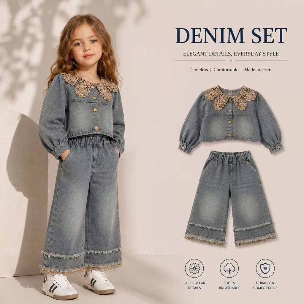 Spring Autumn New Korean Style Girls Denim Long Sleeve Top and Pants Set Baby Stylish Soft Denim Outfit