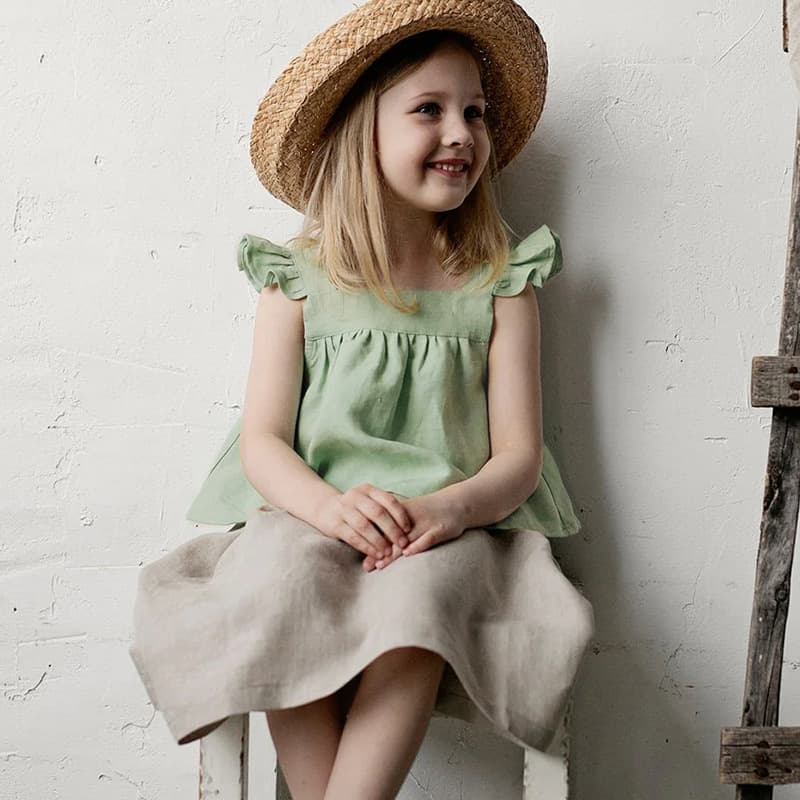 European and American Girls Linen Forest Style Dress Summer Cross-border Spaghetti Strap Dress Loose Baby Cotton Linen Vest Dress