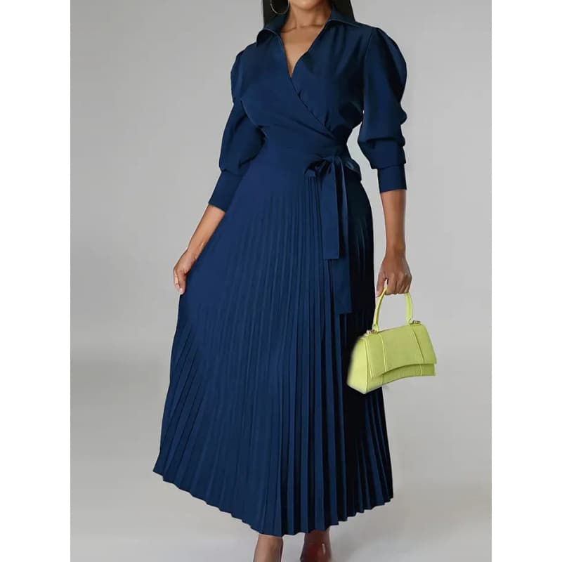 European and American cross-border hot styles 2025 autumn new V-neck long-sleeved coat pleated dress belted elegant women's clothing