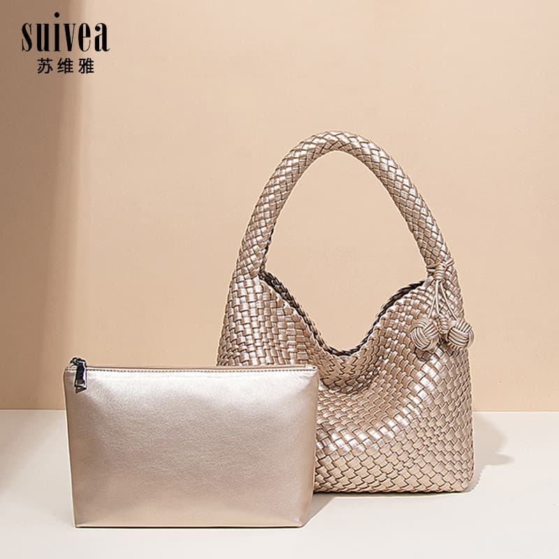 Cross-Border New Woven Commuter Bags, Shoulder Bags, Large and Small Women's Bags, High-Quality Handmade Gold Casual Versatile Handbags
