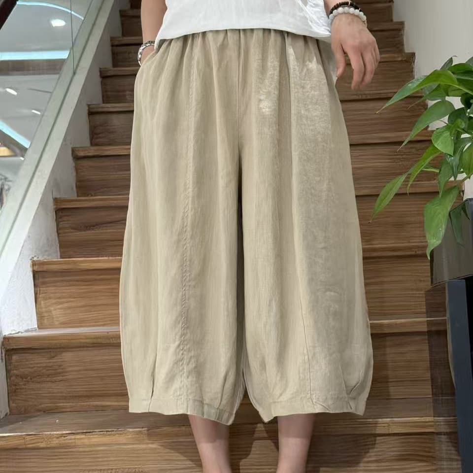 Retro lazy style linen wide leg pants for women 2026 summer new style elastic waist loose cropped pants casual straight pants