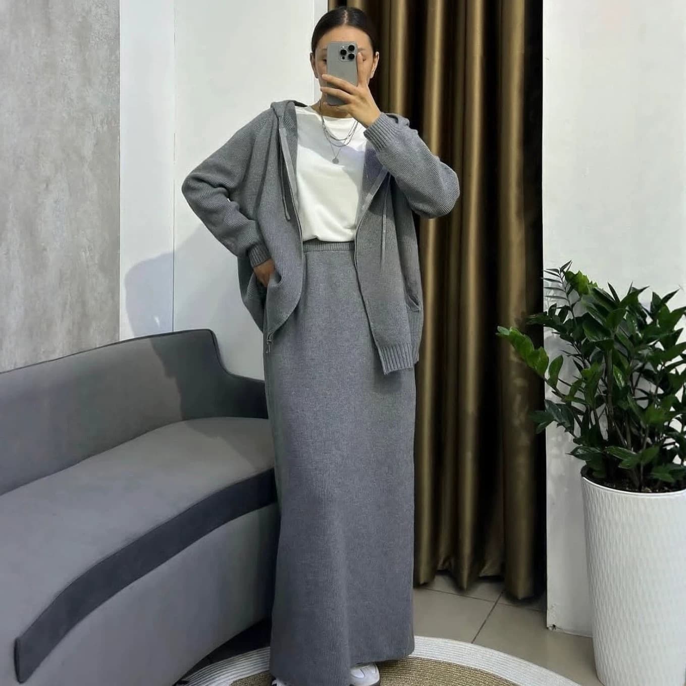 Hooded Knitted Cardigan Skirt Suit Women's Loose Two-Piece Set Middle‑East Style Modest