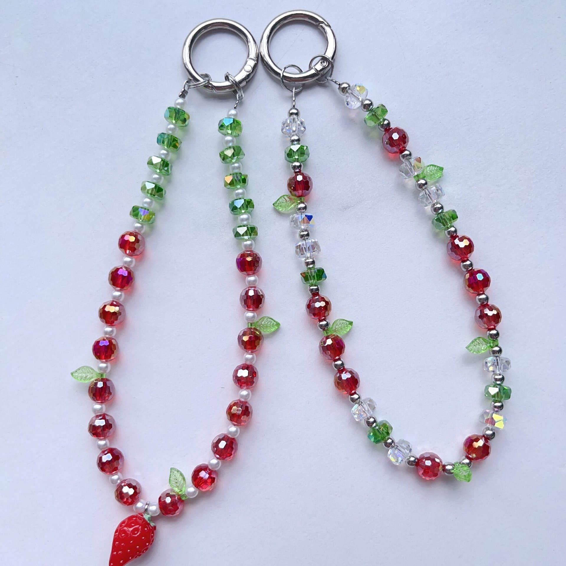 Strawberry Crystal Green Leaf Phone Chain Beaded Phone Charm Accessory Phone Case Keychain Decoration Bag Charm