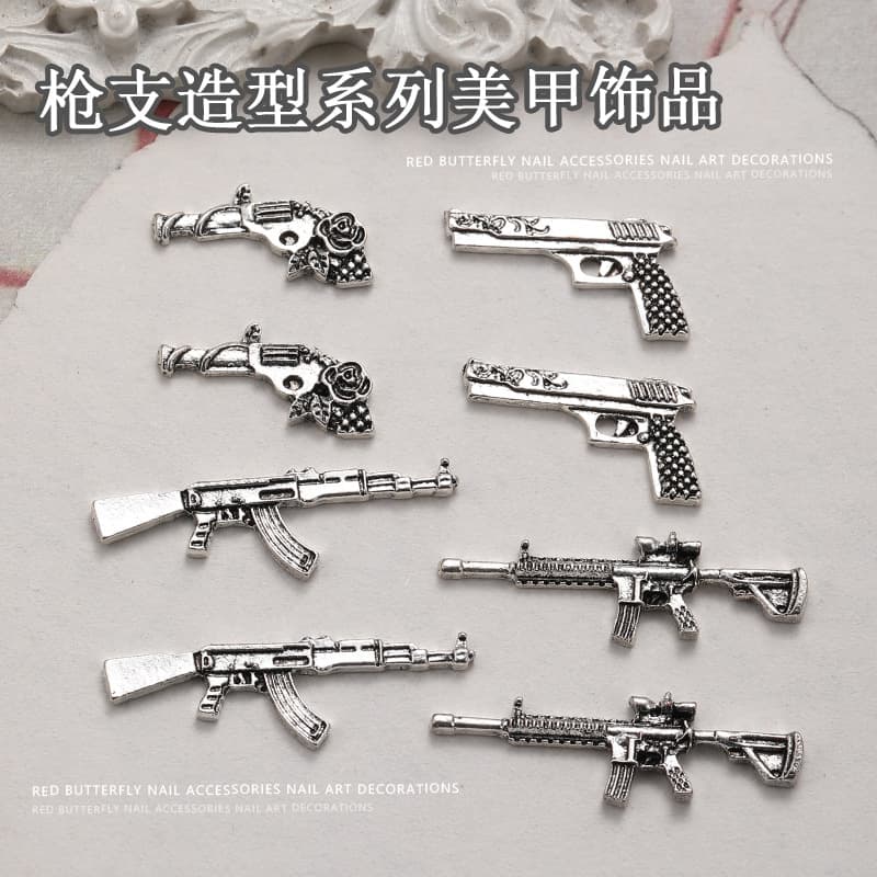 New Gun Shape Series Nail Art Jewelry Ancient Silver 3D Metal Nail Decoration Wearable Nail Accessories