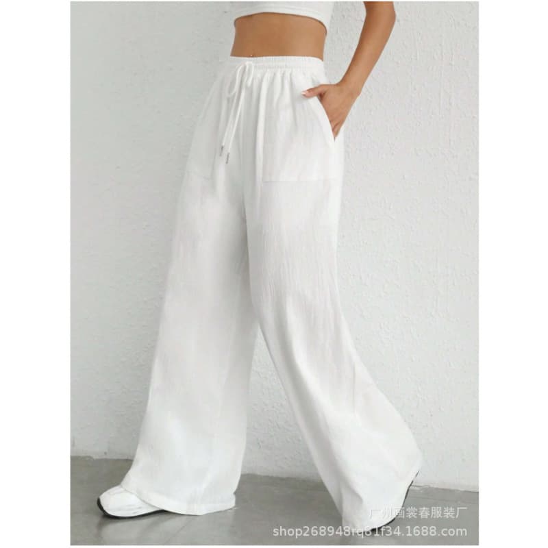 Amazon Cross-Border Foreign Trade European and American New Women's Casual Solid Color Drawstring Straight Leg Flared Pocket Casual Pants