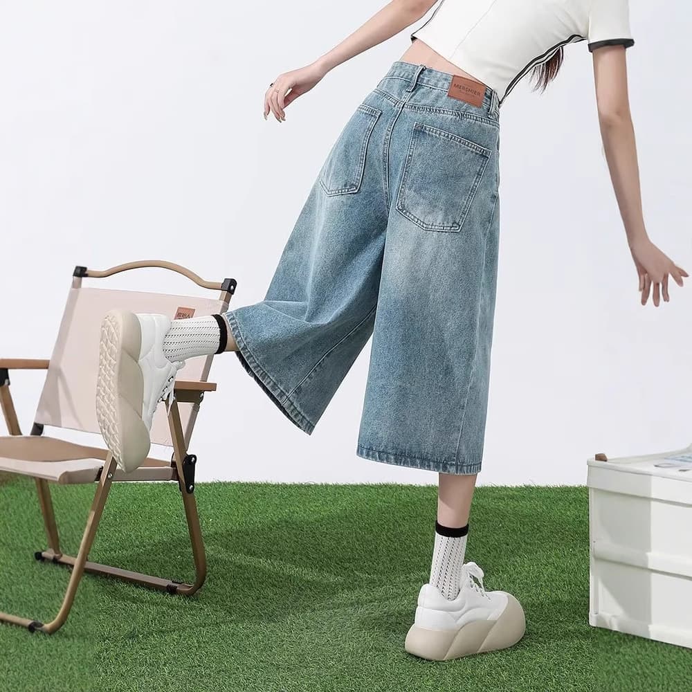 American-Style Light-Colored Cropped Jeans for Women, Summer Thin 2025 New High-Waisted Petite Loose Plus-Size Wide-Leg Pants