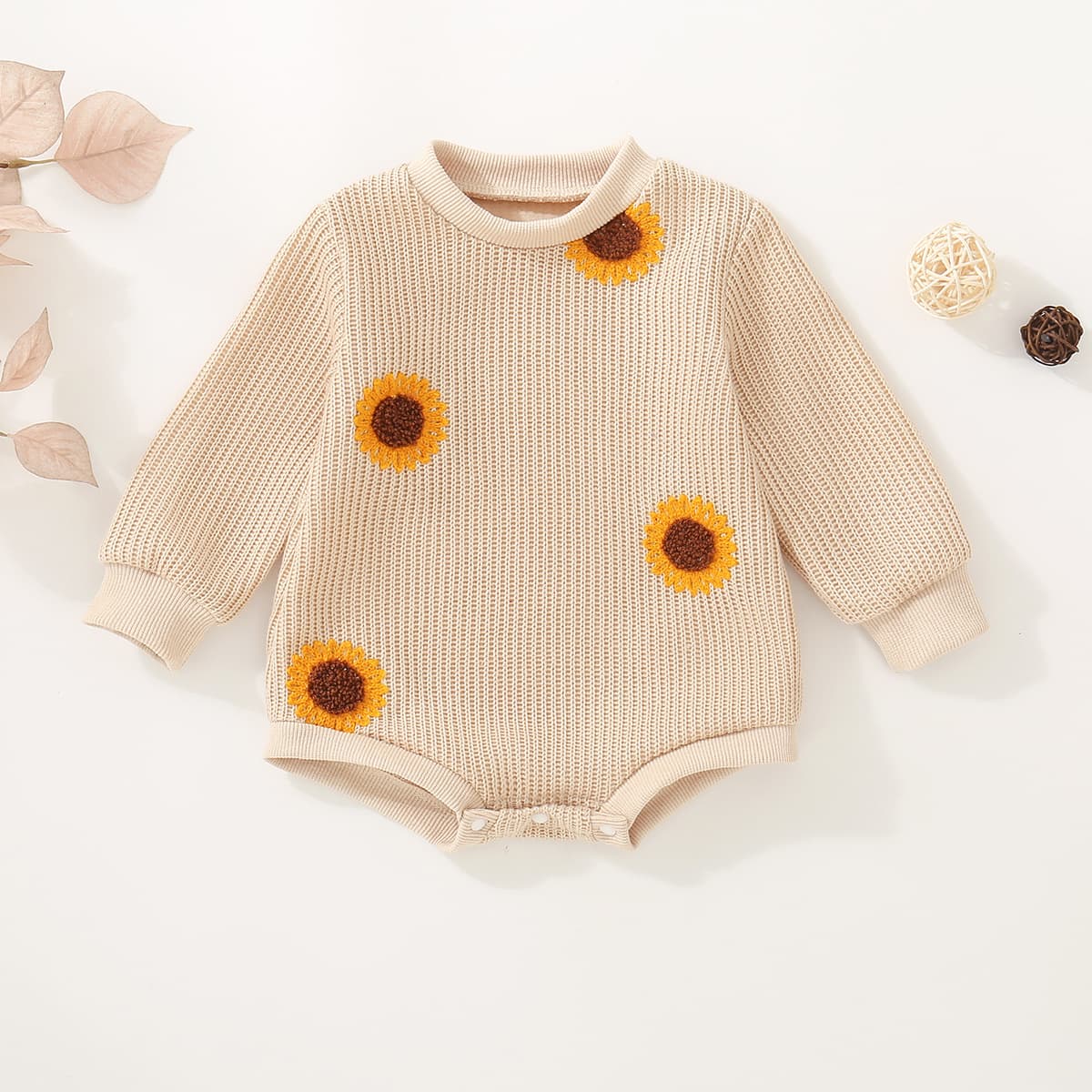 Long Sleeve Knitted Sweater Towel Embroidered Sunflower for Newborn Baby Boys Girls Neutral Style Autumn Winter Cotton Tshirt