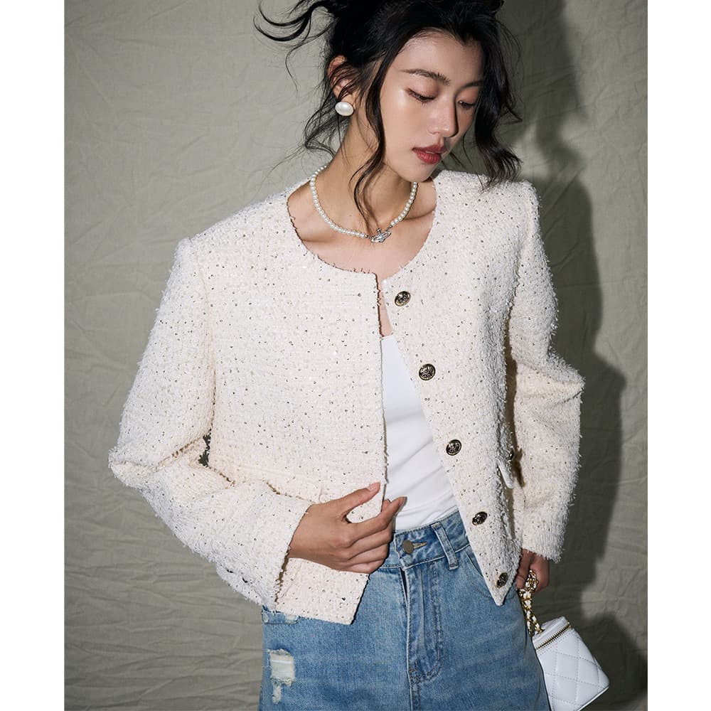 【Shengdu】2025 Autumn New Korean Chic Heiress Style Heavy Craftsmanship Off-White Sequined Tweed Chanel-Style Short Jacket